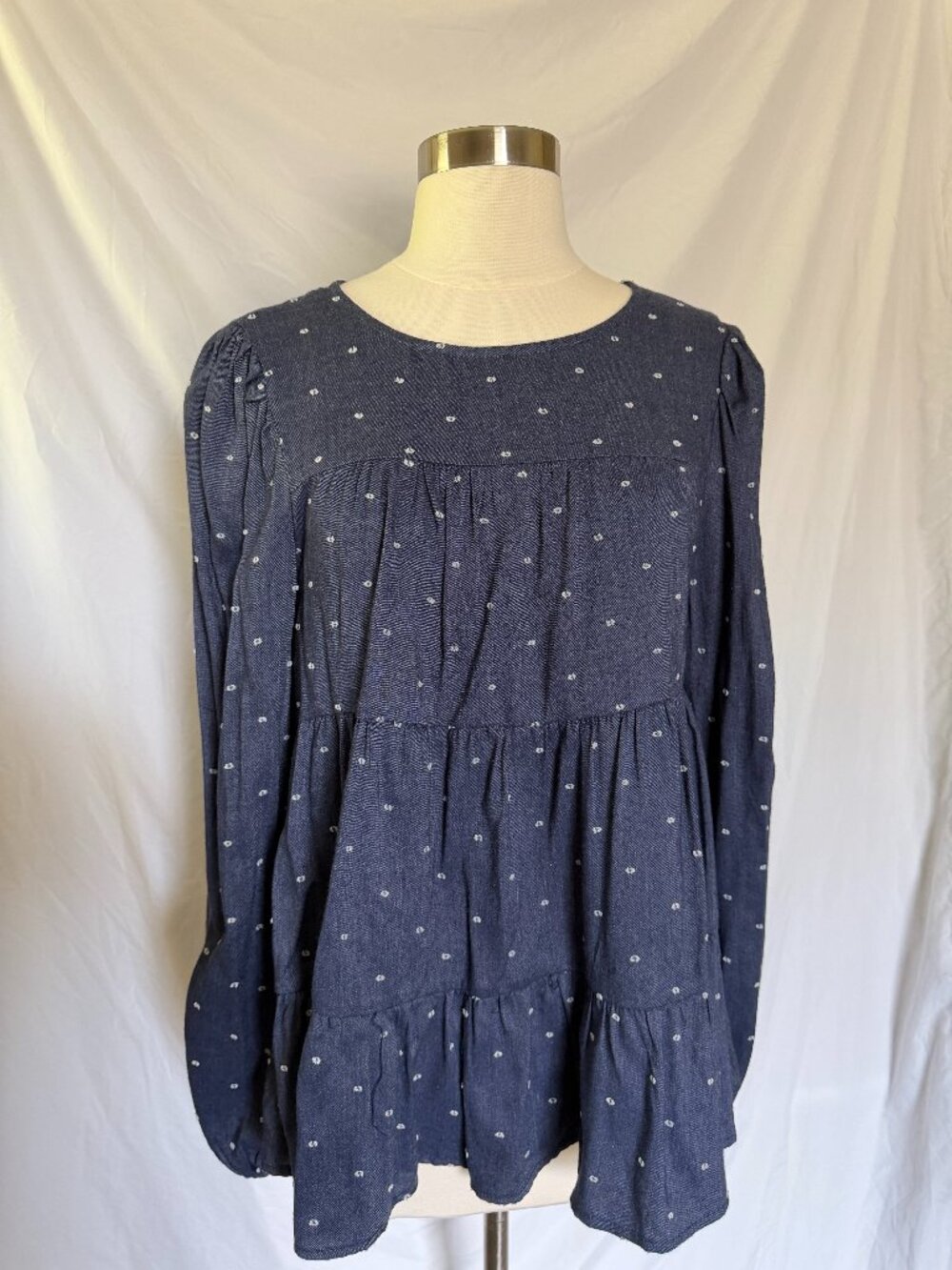 Blu Pepper Tiered Long Sleeve Shirt with White Dots